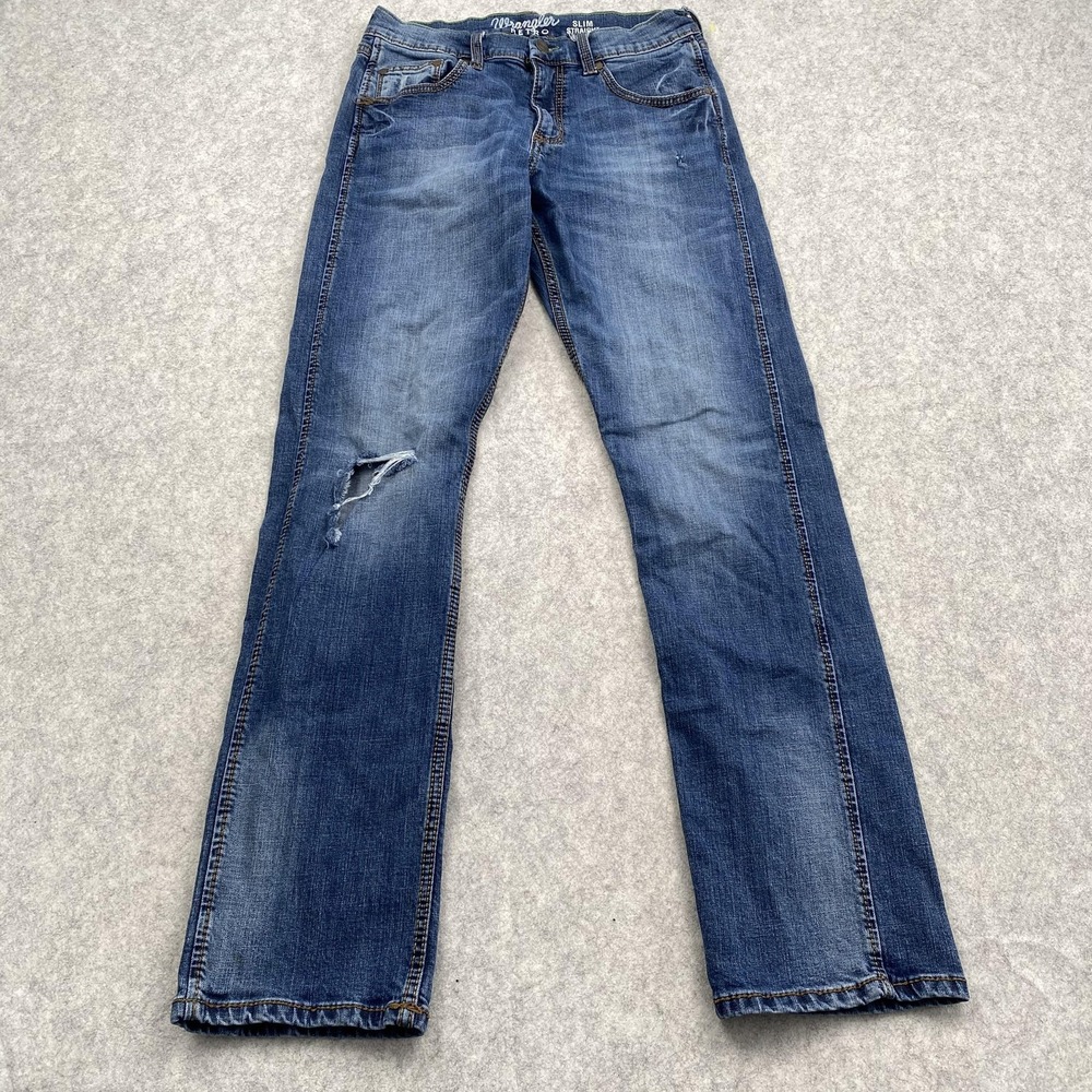 Wrangler Retro Slim Straight Jeans Mens 30x34 (29x31) Blue Distressed 10WLT8BBZ
